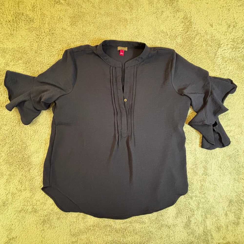 Vince Camuto Navy Blue Ruffle Bell Sleeve Pintuck Pleated Blouse Large